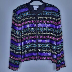 VTG Tait Mate Womens 100% Silk Sequin Jacket Size 18 Purple Delicate Festival